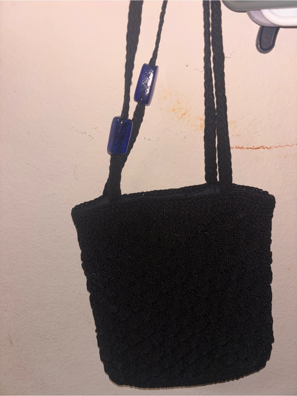 Black woven Beaded Shoulder Bag with Blue Accents